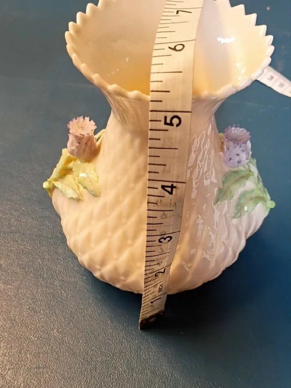 Belleek PotteryCream-White Porcelain Vase with Pastel Floral Appliqués